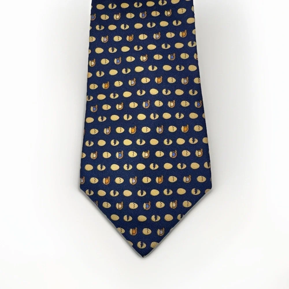 Salvatore Ferragamo Vintage 100% Silk Tie Navy Blue Hatching Chicken Great Cond.